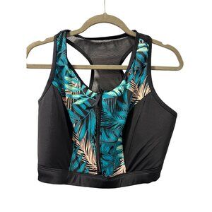 Cacique Swim By Cacique Black & Tropical Leaf Print Zip Front Sports Bra Size 20